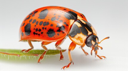 Fototapeta premium Close-up of a vibrant ladybug on a green leaf, showcasing its distinctive red and black spots. Perfect for nature-themed projects.