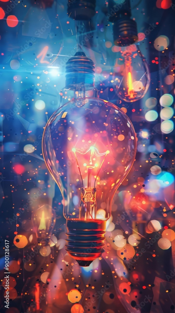 Poster single glowing light bulb with bokeh lights in the background. inspiration and innovative ideas conc