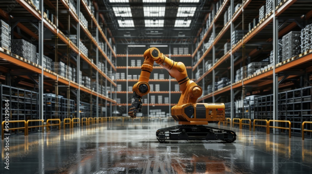 Poster Orange robotic arm in a warehouse aisle filled with shelves. Advanced robotics and automation in industrial storage and logistics.