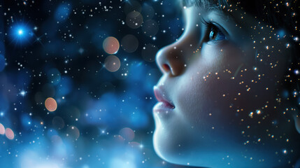 Obraz premium A young child gazes in wonder, surrounded by a cosmic blend of stars and light, evoking dreams and imagination.