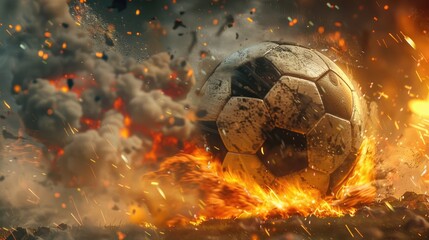 Fototapeta premium Intense soccer ball scene with dramatic explosions and fire, capturing the dynamic energy of sports action