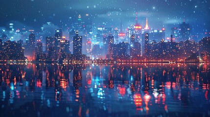 Night Cityscape with Reflections in Water, Digital Illustration
