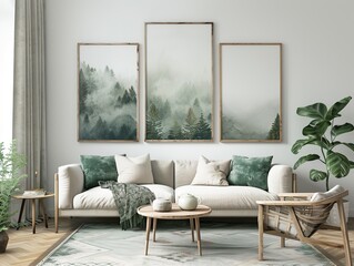 Stunning 3D rendering of a modern living room featuring Scandinavian interior design. White walls adorned with photo frames and green forest paintings create a serene and stylish atmosphere. 