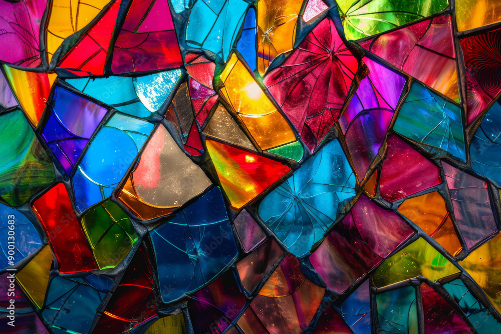 Wall mural A vibrant mosaic of fractured glass pieces in shades of red blue green and yellow