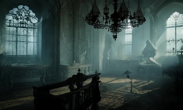 Tracking shot: The camera enters an old-fashioned, well-kept mansion through the front door, moving into a large, empty hallway with a grand staircase on one side. Diffused lighting: Antique lamps cas
