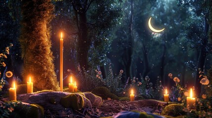 Lit candles and crescent moons in a mystical forest, casting a warm glow and enhancing the enchanting ambiance