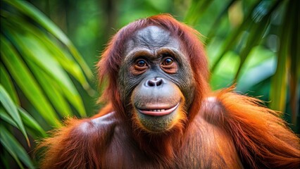 Fototapeta premium Playful orangutan portrait in a rainforest setting, orangutan, playful, funny, happy, jungle, wildlife, animal, adorable, cute