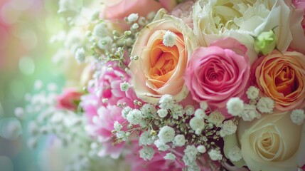 Obraz premium A close-up of a bridal rose bouquet, symbolizing romance and love