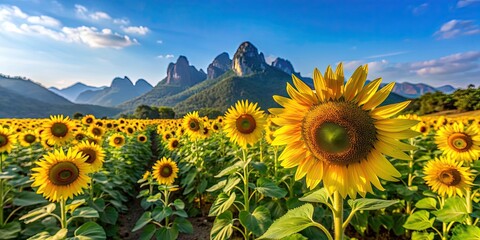 Fototapeta premium Sunflowers blooming on an Asian farm with blue sky and mountains in the background, sunflowers