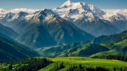 A majestic mountain range with snowcapped peaks and lush green valleys stretching endlessly