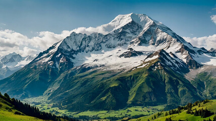 A majestic mountain range with snowcapped peaks and lush green valleys stretching endlessly