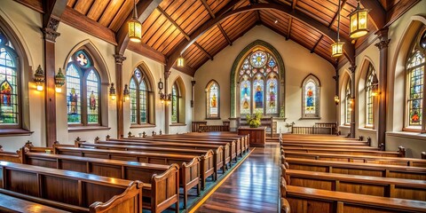 Fototapeta premium Interior of a traditional church with stained glass windows and wooden pews, church, interior, religious, worship