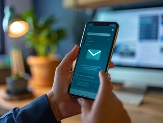 Stay Connected: Checking Messages on a Smartphone in a Cozy Home Office Setup