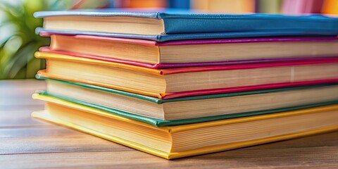 A close-up photo of a stack of books with colorful covers , literature, reading, education, library, knowledge