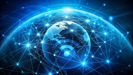 Fototapeta premium Blue Earth with glowing Wi-Fi symbol, representing global connectivity. Futuristic image of Earth with wireless network, perfect for technology promotion Internet connection technology communication
