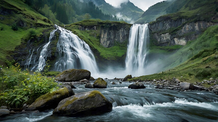 A majestic mountain range with snowcapped peaks and lush green valleys stretching endlessly