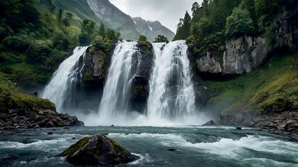 Fototapeta premium A majestic mountain range with snowcapped peaks and lush green valleys stretching endlessly