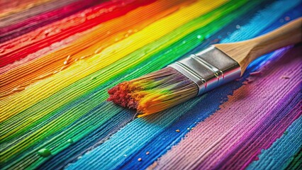 Fototapeta premium Close-up of a paint brush with vibrant rainbow paint on a artistic canvas background , vibrant, rainbow, paint brush
