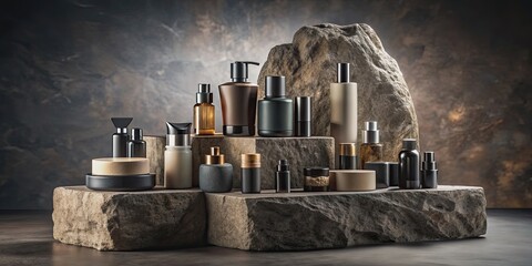 Stone display stand with a rugged, dramatic and epic atmosphere, showcasing men's cosmetic and beauty products exuding virility