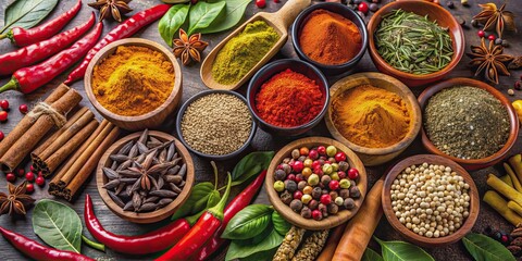 Fototapeta premium Assortment of various colorful spices including turmeric, paprika, red pepper, cinnamon, star anise, cloves