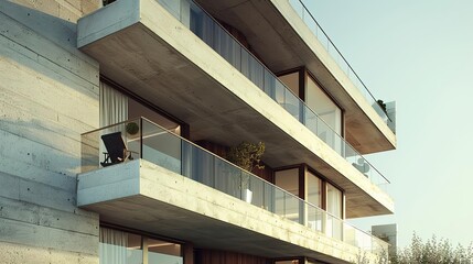 Modern Concrete Building with Glass Balconies 3D Illustration