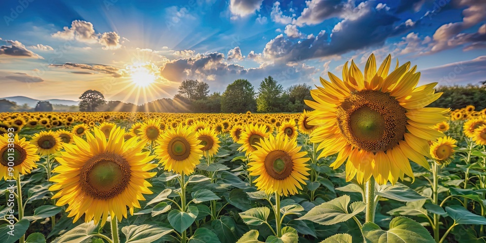 Sticker Field of vibrant sunflowers in full bloom under a bright sun , Sunflowers, field, bloom, vibrant, sun, bright, nature, flowers