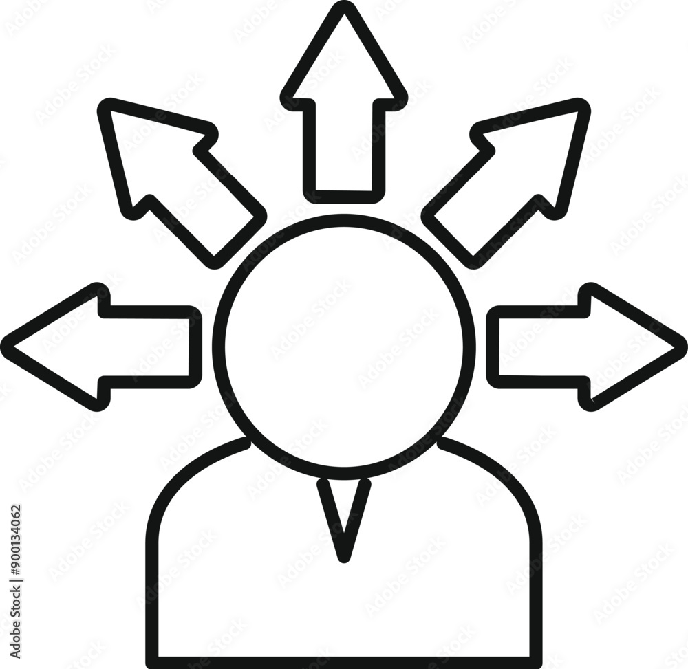 Poster line icon of a businessman with arrows pointing in different directions, representing decision makin