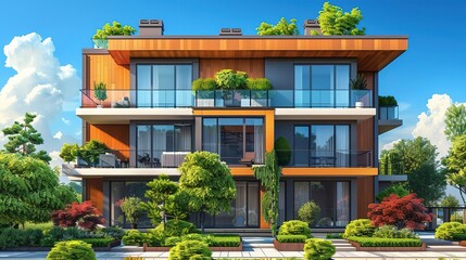 Fototapeta premium Modern Three-Story Townhouse with Balcony and Green Landscaping - 3D Illustration