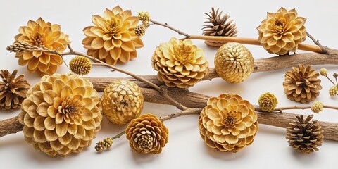 Fototapeta premium Arrangement of golden wooden dahlias, pinecones, and pods on dried twigs, golden, wooden, dahlias, pinecones, pods