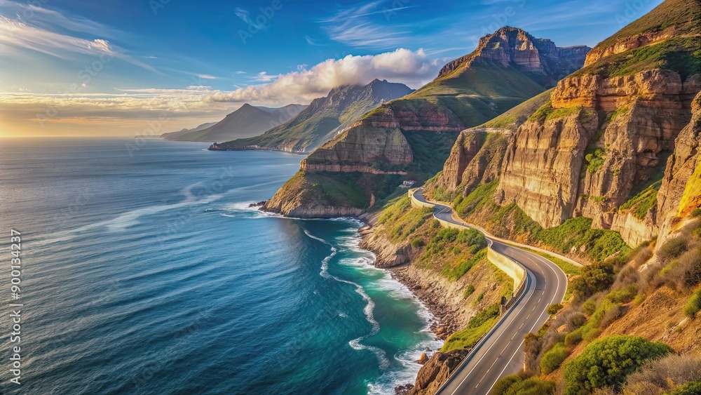 Sticker Scenic view of Chapman's Peak in Cape Town with winding coastal road and blue ocean in background, Chapman's Peak