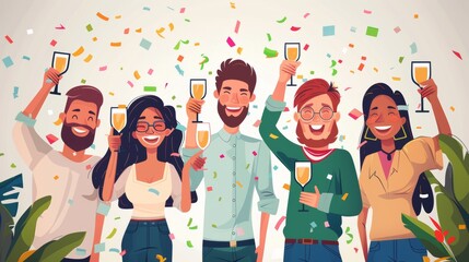 Coworkers celebrating a milestone with a toast, holding glasses and smiling in a vibrant office setting. Cartoon illustrations vectors