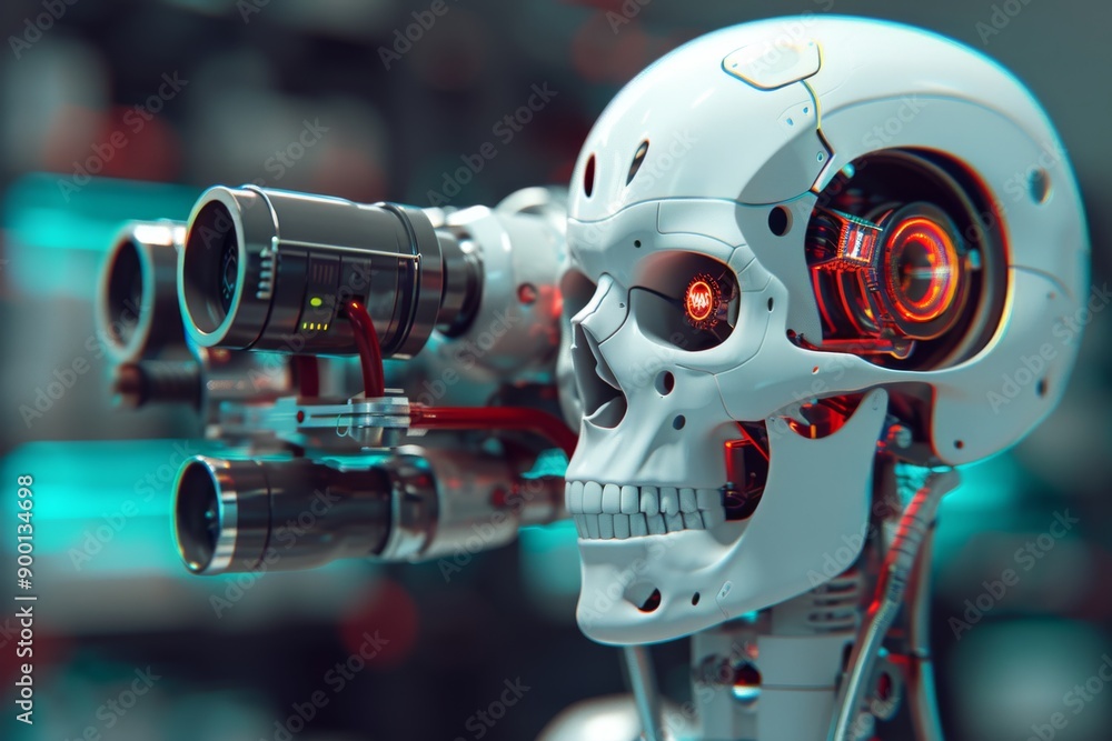 Poster futuristic robotic skull with red glowing eyes and mechanical details symbolizing advanced ai and te