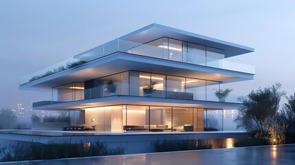 Fototapeta premium Modern Glass House with Pool and City Skyline - 3D Illustration