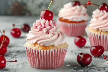 A cherry cupcake with pink frosting and a red cherry on top surrounded by other cherries