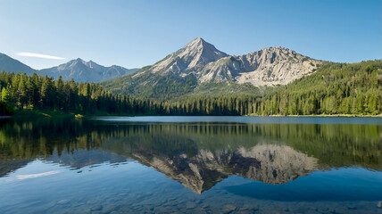 A majestic mountain range with snowcapped peaks and lush green valleys stretching endlessly