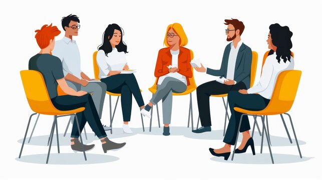 Team members sitting in a circle during a casual meeting, sharing feedback and ideas openly. Cartoon illustrations vectors