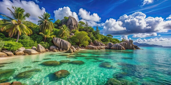 Stunning seascapes of Seychelles islands with crystal clear turquoise waters under the sun , Seychelles, islands, seascapes