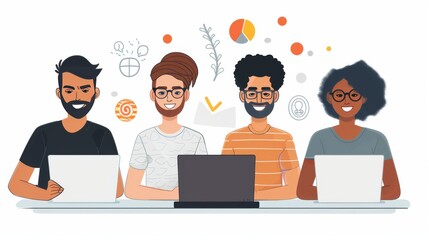 Fototapeta premium Group of professionals gathered around a laptop, discussing data and making collaborative decisions. Cartoon illustrations vectors