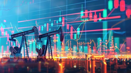 Oil pumpjacks and stock market charts merged in a double exposure, highlighting the energy market and gasoline price fluctuations