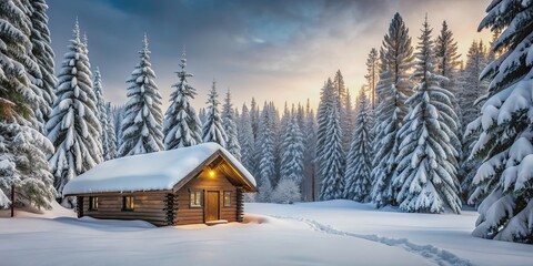 Winter cabin in a snowy forest landscape , winter, cabin, snowy, forest, landscape, frozen, woodland, wintry, scenery