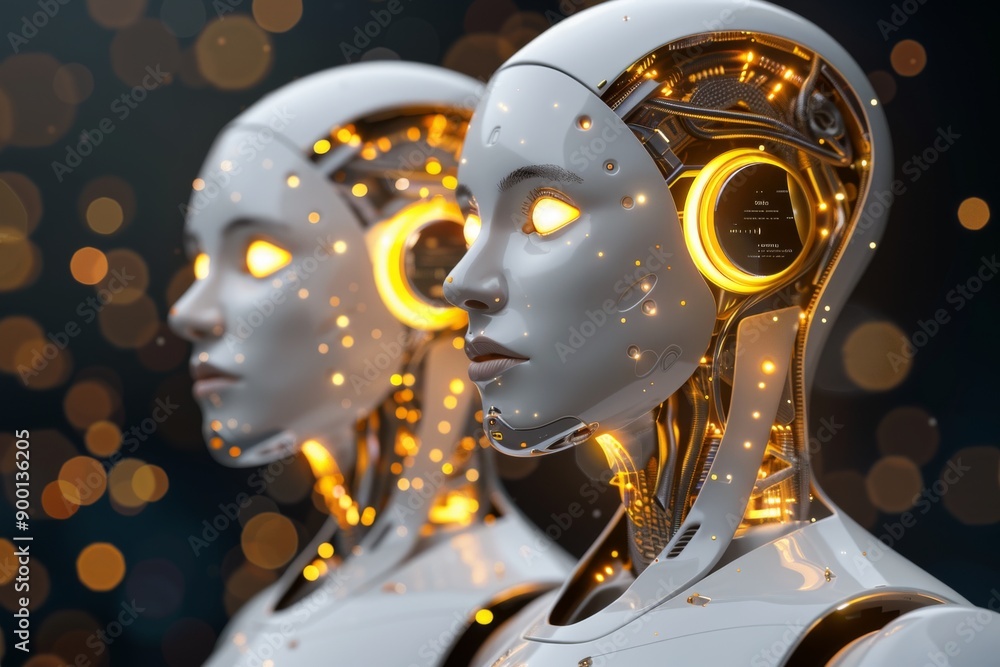 Poster pair of advanced humanoid robots with glowing yellow eyes symbolizing ai and technological innovatio