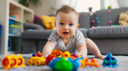 Fototapeta premium Adorable baby boy playing with colorful plastic toys