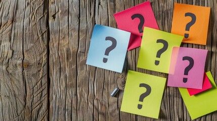 Solving problem concept Paper stickers with question mark on wooden background with nail