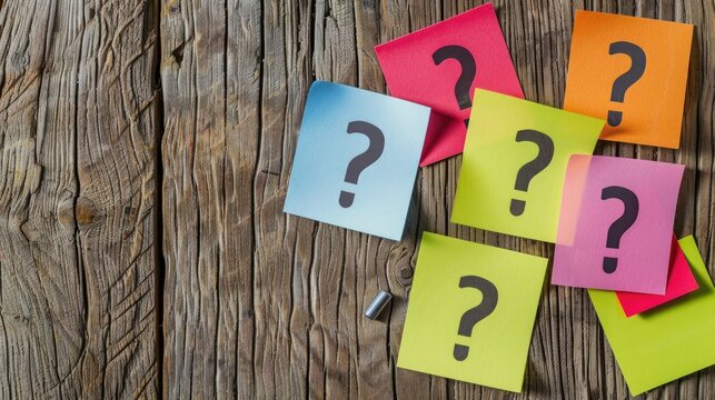 Solving problem concept Paper stickers with question mark on wooden background with nail