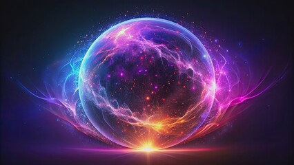 Obraz premium Abstract neon energy sphere of particles and waves with purple and pink flame and sparks on dark background, neon