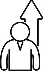 Line drawing of a businessman standing with a big arrow pointing up behind him, concept of personal and professional growth