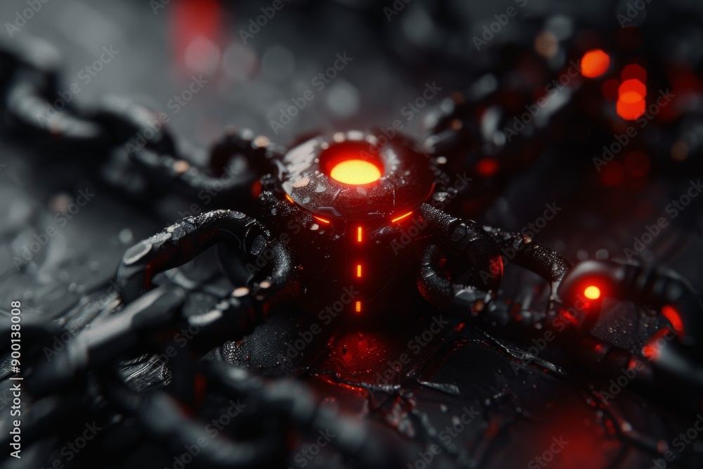 Poster close up of a mechanical spider with red glowing core symbolizing advanced robotics and technologica