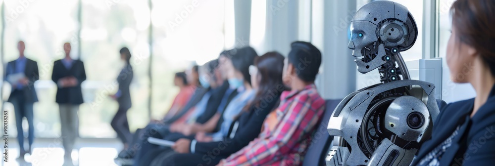 Poster futuristic robot sitting in an office waiting room with business professionals for job interviews. a