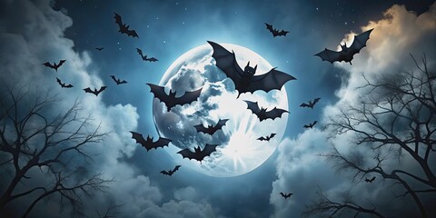 Spooky Halloween background with silhouettes of bats flying in the night sky, Halloween, background, bats, night, spooky, flying