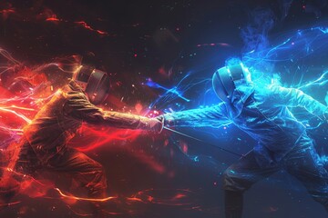 Fiery Duel: Two Fencers Clash in a Battle of Red and Blue
